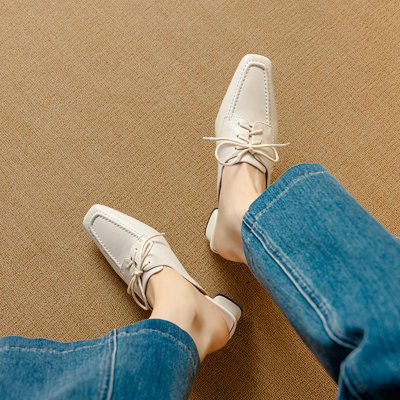 Fashion New Summer Women Shoes Genuine Sheepskin Leather Slippers Women Covered Toe Thick High Heels Party Dress Mules Ladies Sandals