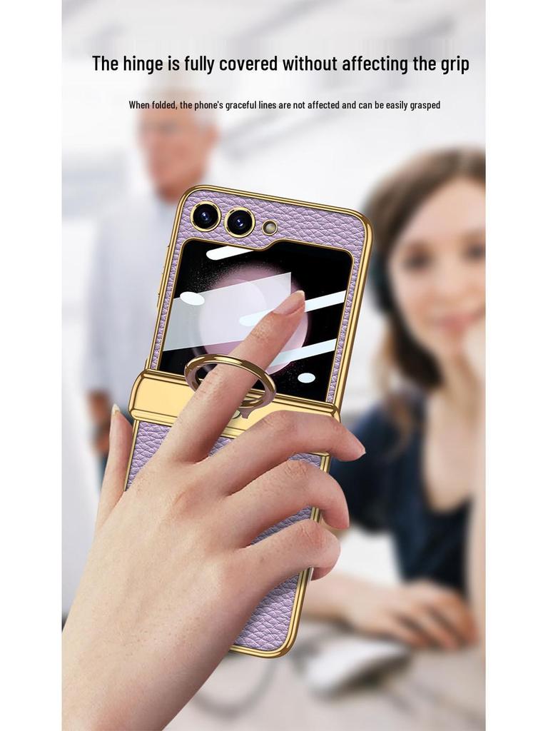 ZFlip5 Magnetic Hinge Leather Ring Case - Foldable Screen, Creative & Simple Design
