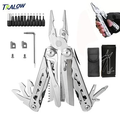Durable And Safe Tralow Multi Functional Tool Pliers 28 In 1 Stainless Steel Foldable With Thread Cutter Knife Saw Screwdriver For Camping Repair