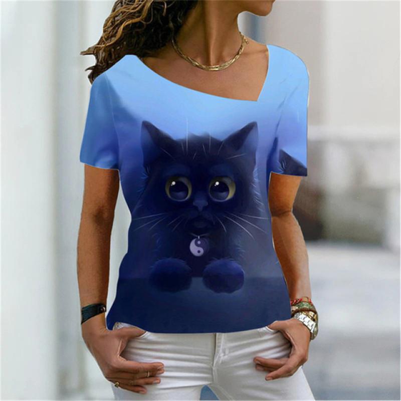 Kreslená kočka Digitální 3D tisk Dámské tričko Krátký rukáv Léto Ležérní Šikmý límec Personalizované Žena Dámské topy Oblečení