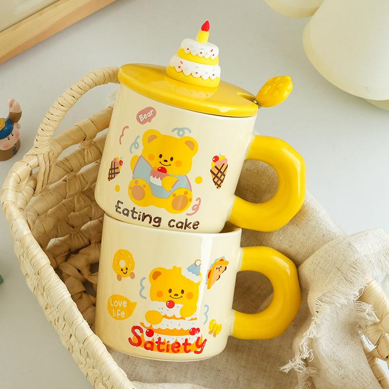Cupa Ceramică Creativă cu Ursuleț Desen Animat, cu Capac și Linguriță, pentru Cafea de Uz Casnic, pentru Cuplu, pentru Apă, Cutie Cadou de Valoare Ridicată