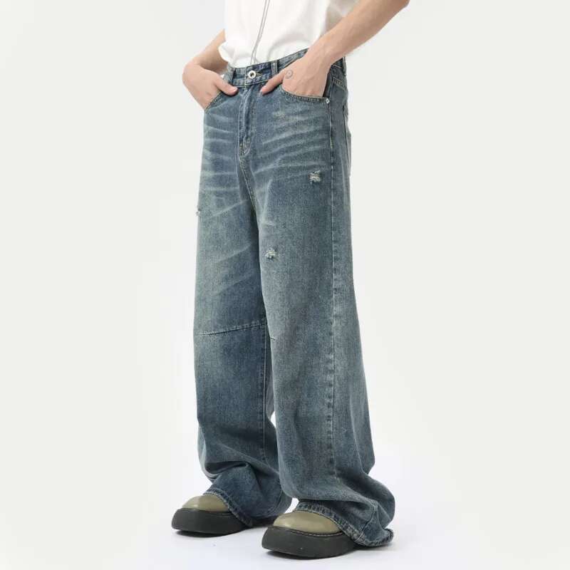 American Style Men's Denim Pants Washing Fashion Loose Men's Straight Trousers Casual Wide Leg Jeans