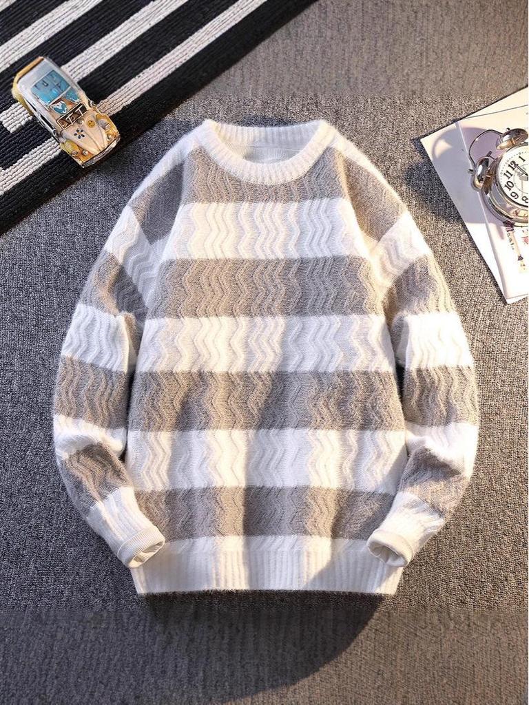 Korean Style Color Block Striped Pullover Sweater for Men - Warm, Loose Fit, Round Neck (2025 Autumn/Winter Collection)