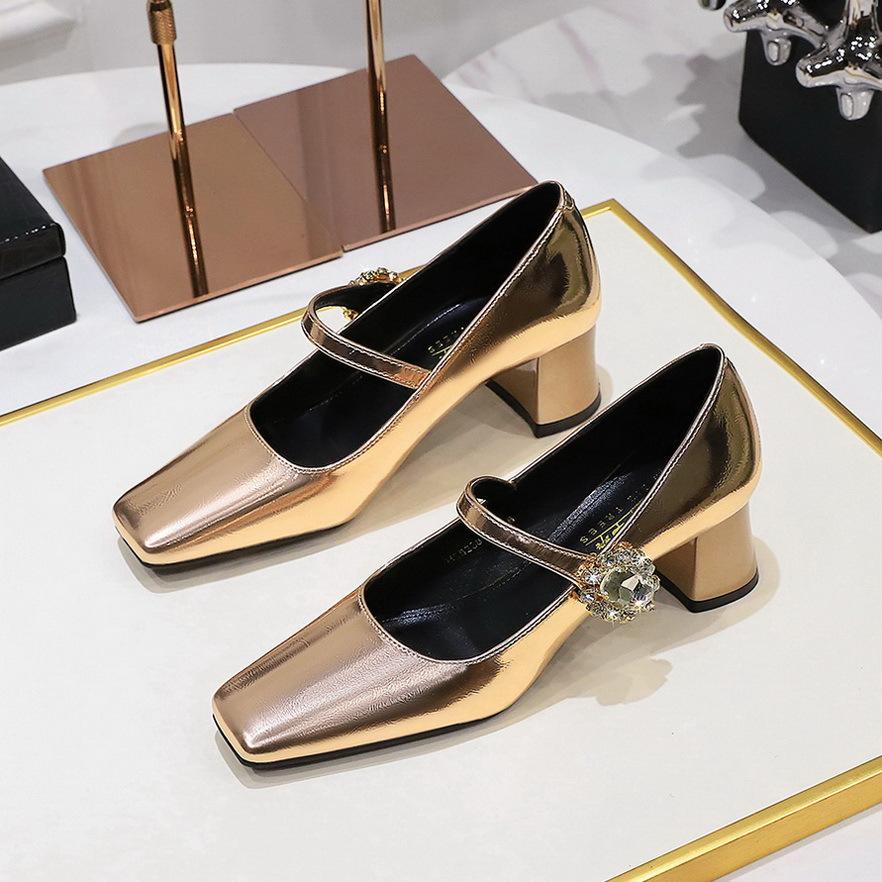 Retro European and American style banquet women's shoes medium heel thick heel shallow mouth square head rhinestone buckle one word belt single shoes