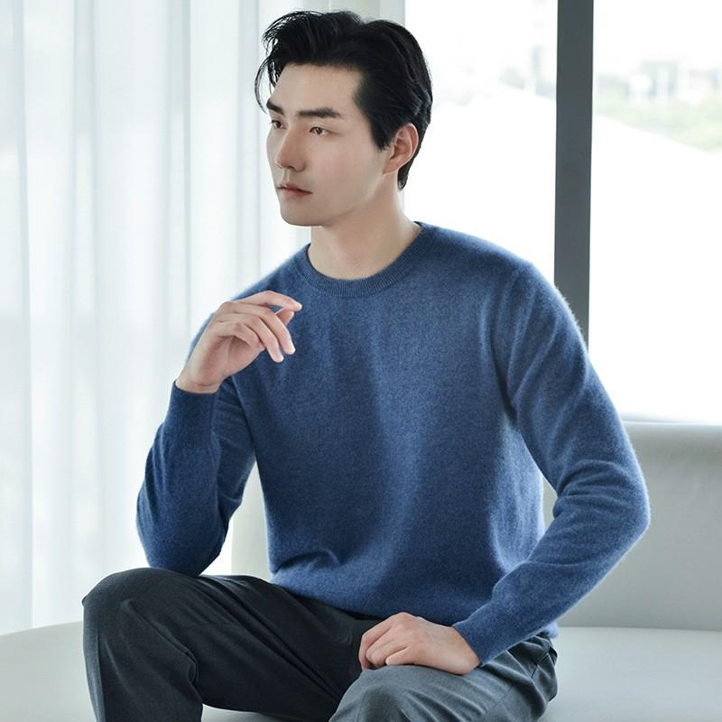 Men's 2024 Autumn/Winter Cashmere Crew Neck Loose Fit Sweater - Warm Business Casual Knit Base Layer