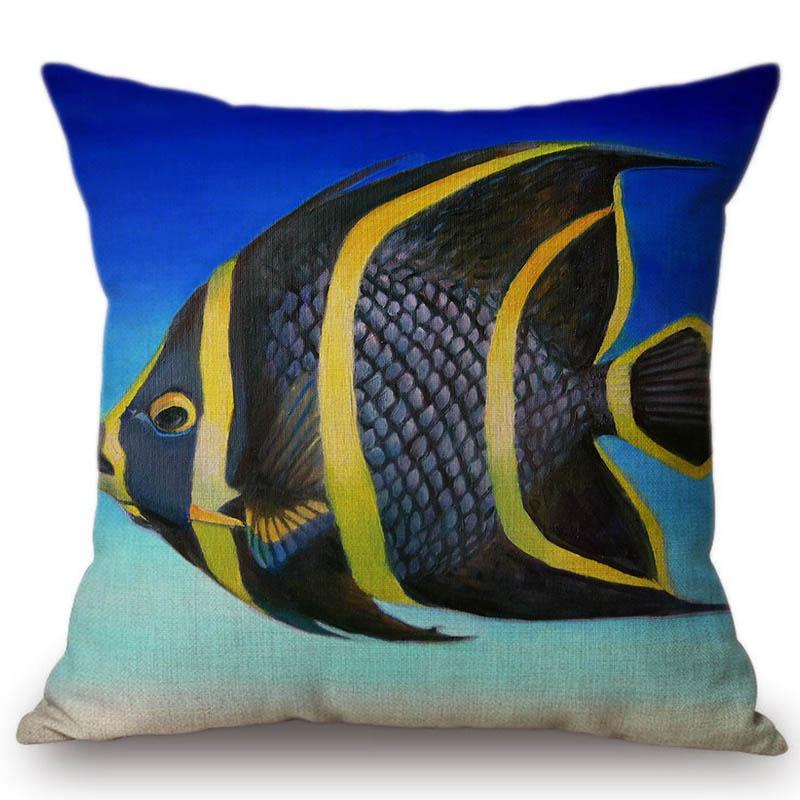 Summer Home Decoration Oil Painting Tropical Ocean Fish Sofa Throw Pillow Cover Nemo Fish Cotton Linen Cushion Cover Cases