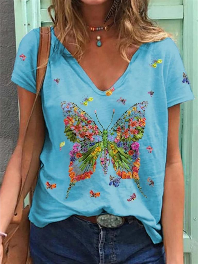 Fashion Spring  Butterfly Print Blouses Short Sleeved V-Neck T Shirts Casual