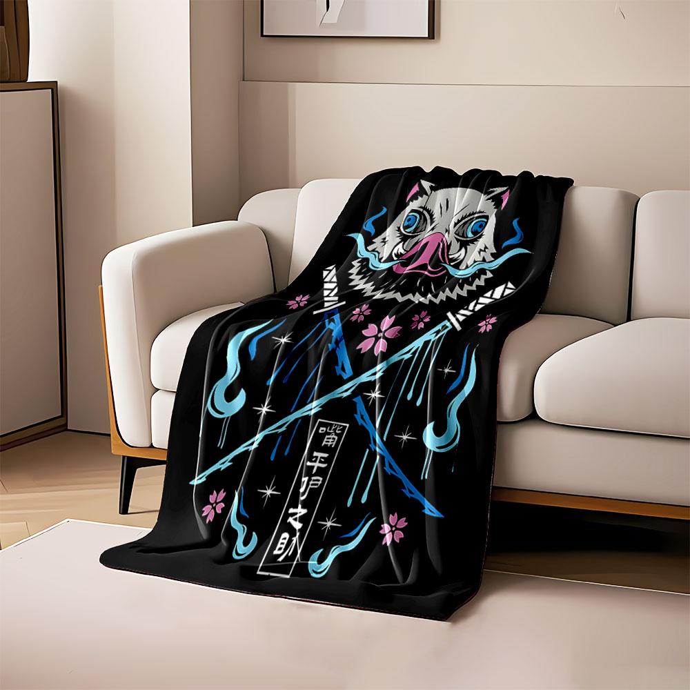 

A boar mask with crossed swords, cherry blossoms, and blue flame motifs. for all seasons blanket lunch break throw gift 80cm x 120cm