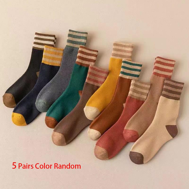 5 Pairs of Soft Striped Socks, Comfortable And Warm Winter Thick Women's Mid tube Socks, Fashionable Coral Fleece Floor Socks