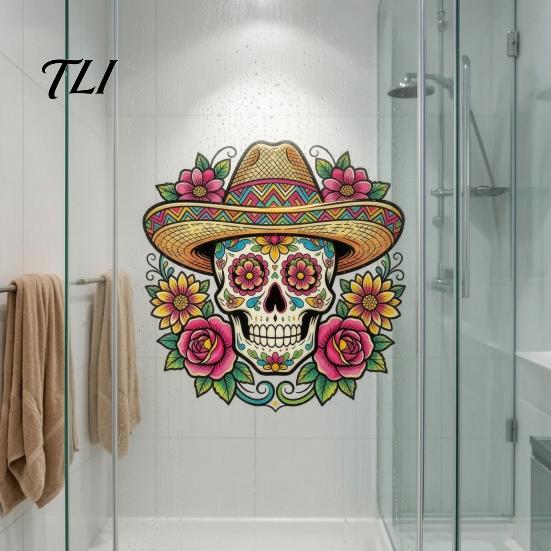 Décoration de Fête Latino-Américaine Autocollant Mural Crâne Fleuri, Décorations Imperméables d'Extérieur pour le Jour des Morts Autocollants pour Vitres, PVC Amovible