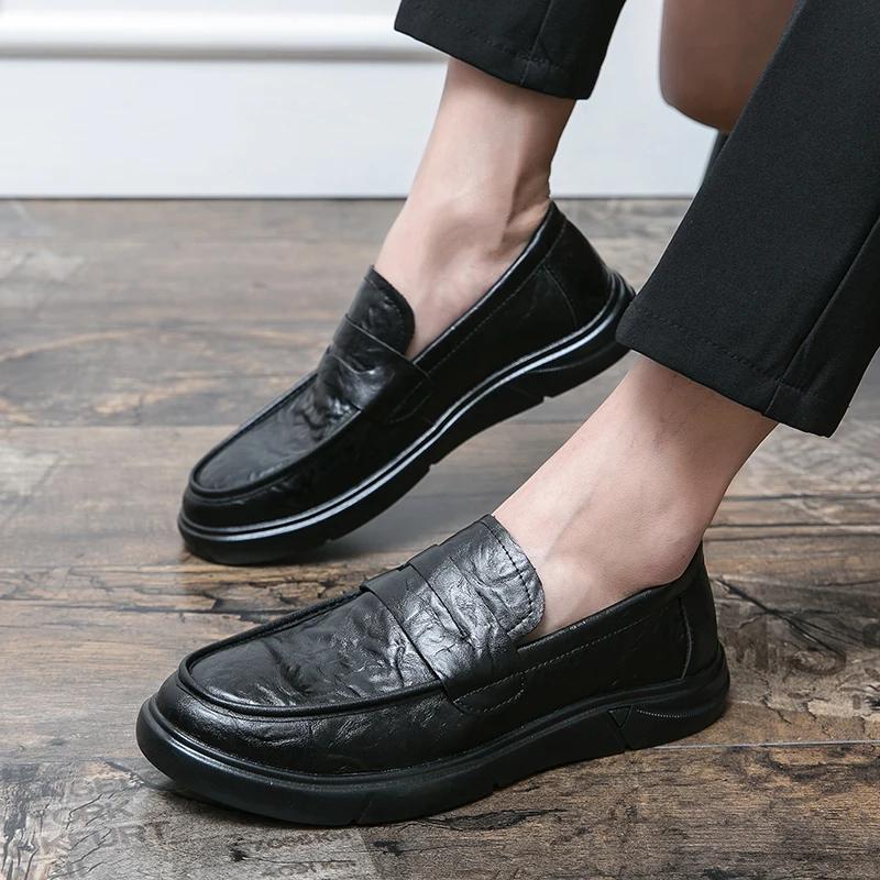 High End Brand Men's Leather Casual Shoes Comfortable Flat Bottom Loafers Versatile Commuting Shoes Men's Business Work Shoes
