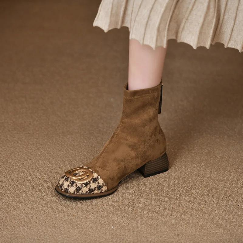 

Модные женские полусапожки челси на среднем каблуке, массивные замшевые ботильоны, зимняя мода 2024, новые ботинки на молнии, туфли-лодочки для ходьбы, панк, теплые боты-носки 40 хаки