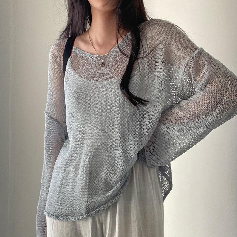 Spring Summer Long Sleeved Knitted Sunscreen Shirt See Through Retro Casual Simple Loose Hollow Out Thin Blouse V Neck Solid Color Top Clothing