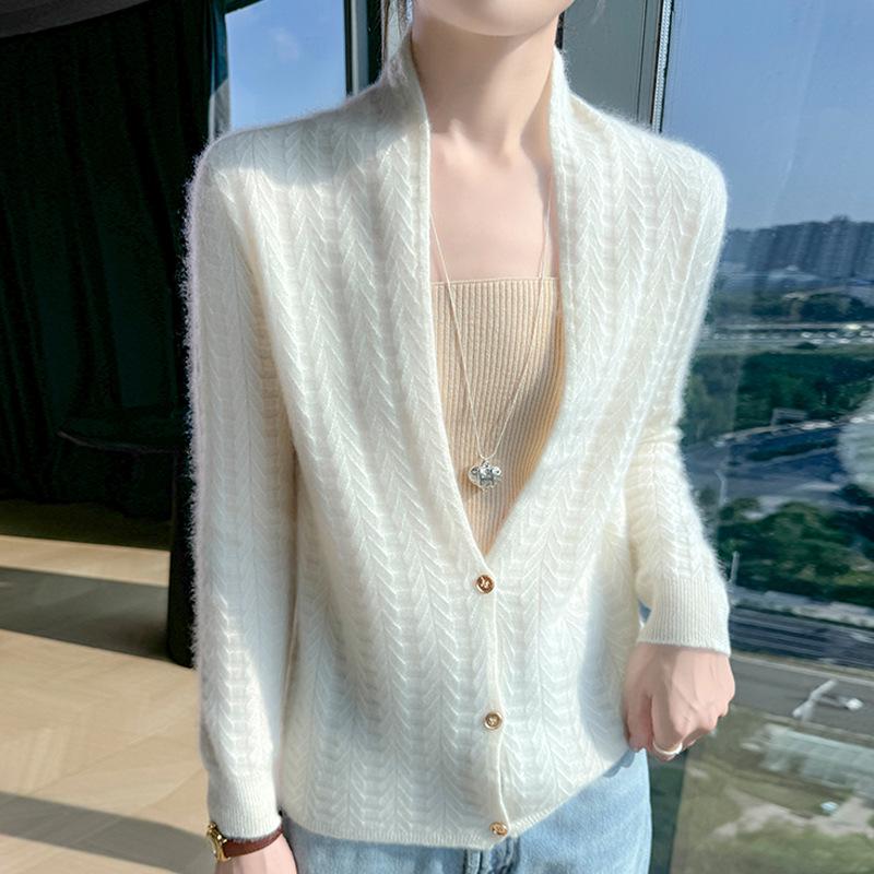 Women's High-End Pure Wool Scarf Collar Cardigan - Solid Color Autumn Winter Fashion Sweater