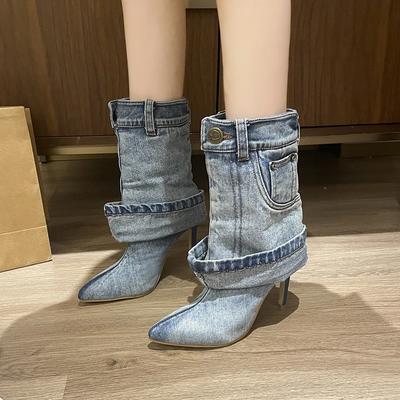 Modne buty damskie 2024 Nowe Niebieskie Denimowe Damskie Nowoczesne Botki Seksowny Szpiczasty Nosek Damskie Wysokie Obcasy Modne i Wszechstronne Szpilki
