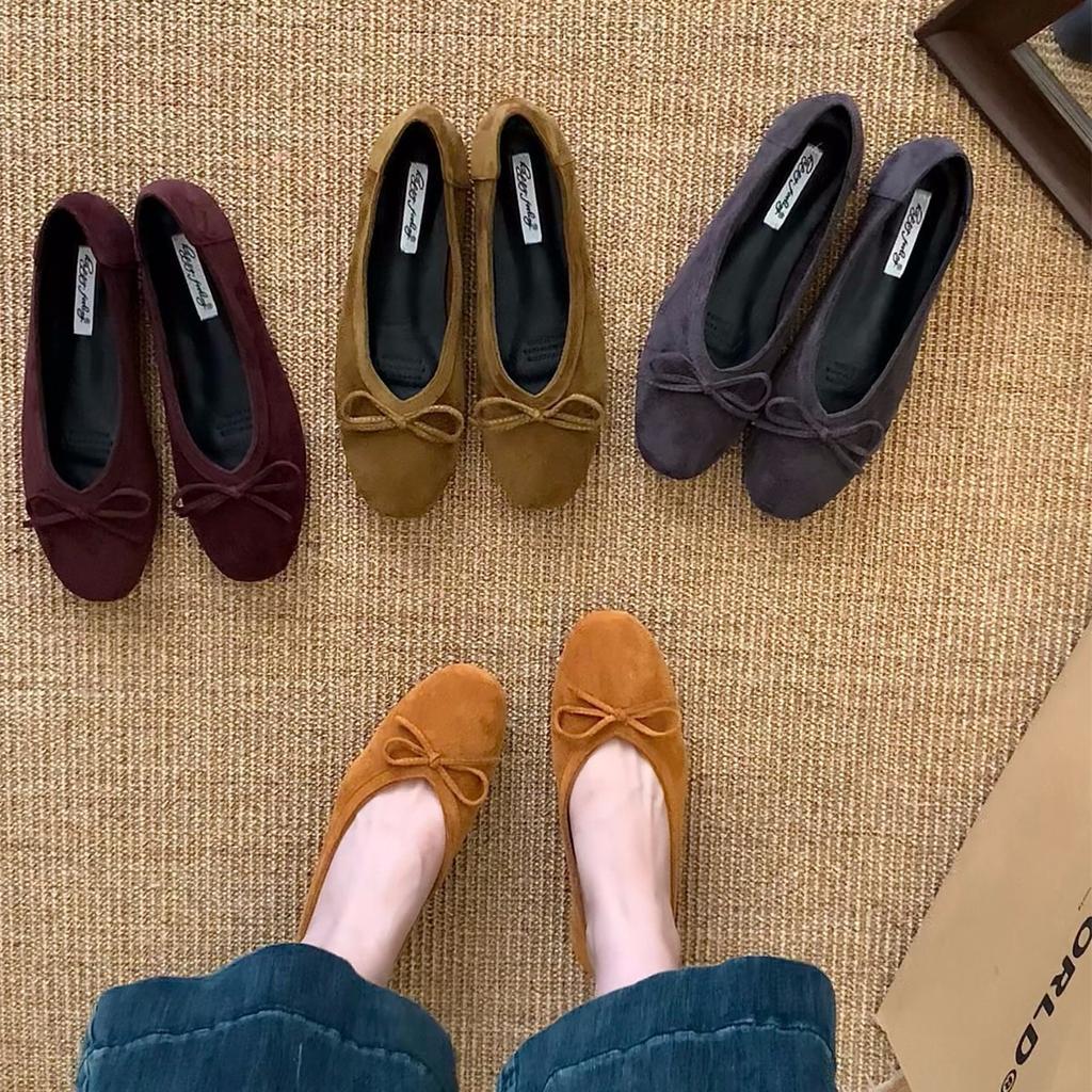 Vintage suede bow black commuter single shoes women's shoes 2025 autumn ballet flat French evening shoes