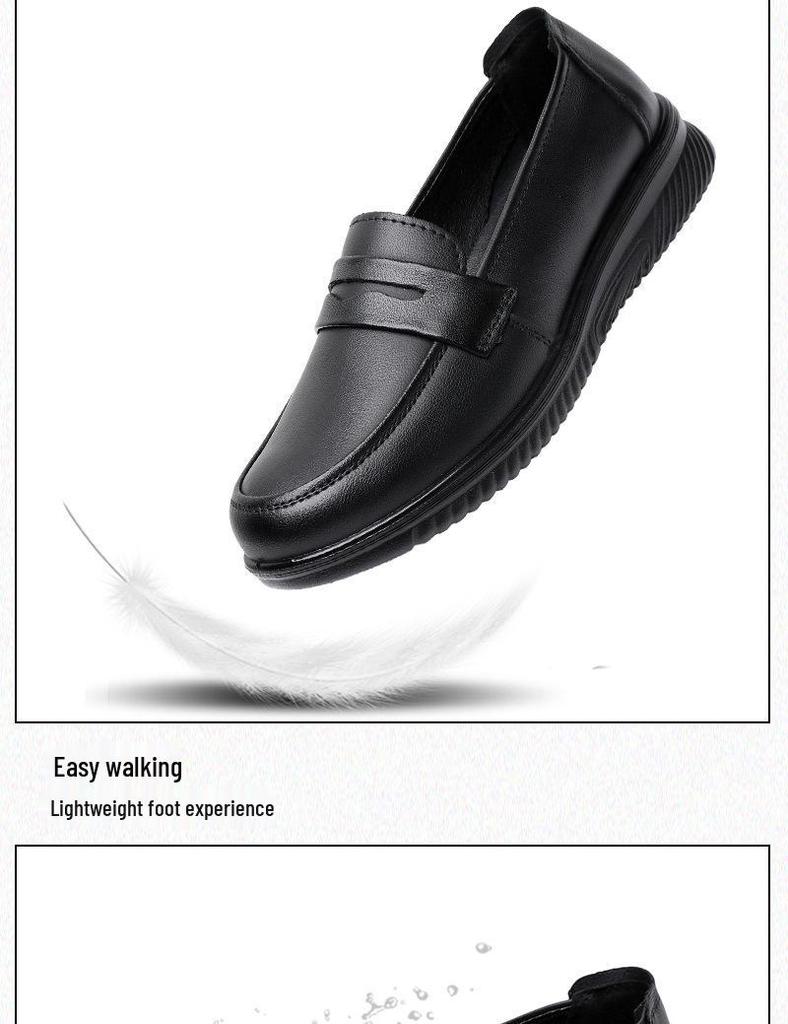 Chaussures de travail antidérapantes en cuir véritable pour maman - Noir, Semelle plate, Douces et confortables pour rester debout toute la journée