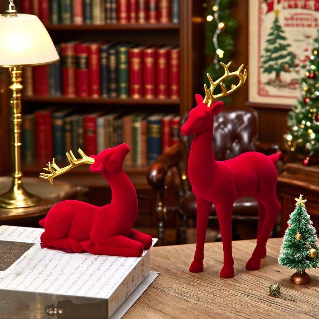 Christmas Reindeer Figurines 2Pcs Flocking Deer Statue Tabletop Decor for Living Room Home Office Holiday Party Christmas Decor