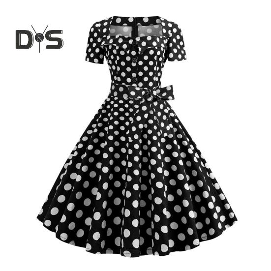 

Женское платье с квадратным вырезом и коротким рукавом в стиле ретро 1950-х годов, трапециевидное платье с большим подолом и пуговицами, декор в горошек, соответствующий цвету, середина талии, пояс с бантом, декор для выпускного вечера 2XL черный белый