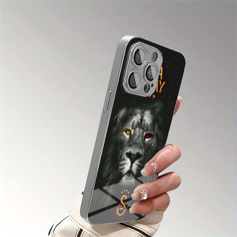 Cool Lion King Pattern Tempered Glass Phone Case For iPhone 17 16 15 14 13 12 11 Pro Max 16 Plus 17Air Electroplate Silver Cover