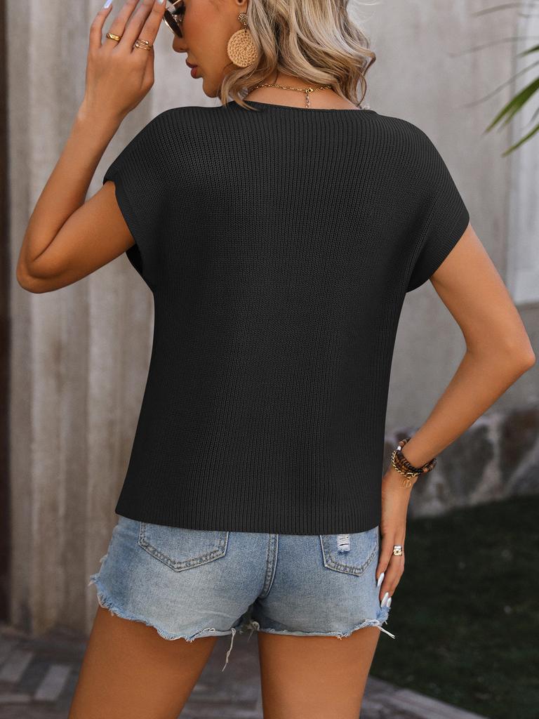 Women's Round Neck Short Sleeve Sweater with Embroidered Pocket Casual Knit Top Spring Summer Fashion 2024 Trendy T-Shirt Style Y2K Clothing