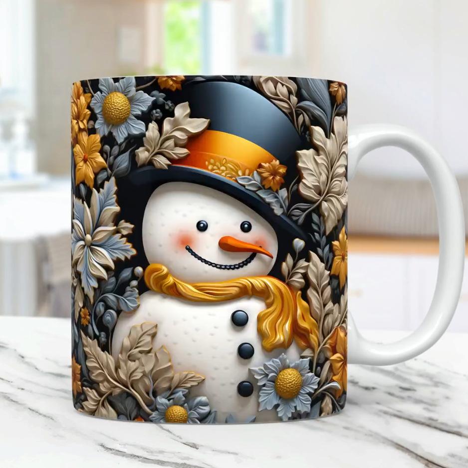3D Christmas Ceramic Coffee Mug Tea Cup Snowman Flower Snowflake