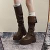 Women's British Style Chunky Heel Platform Knee-High Boots, 2025 Autumn, Round Toe, Pull-On, Height-Increasing, Slimming Knight Boots.