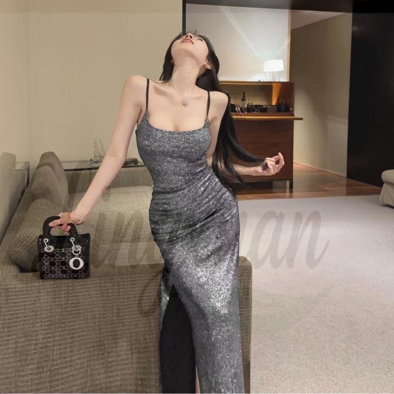 

Luxury Sparkly One-Shoulder Strappy Maxi Dress for Parties, Bodycon Formal Gown Large