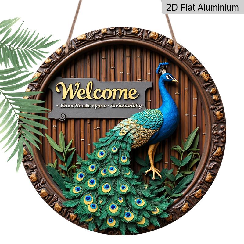 

2D Flat, 1pc Round Aluminum Peacock Welcome Metal Sign, Tropical Bamboo Wall Plaque-Unique Design, Waterproof & Rustproof, Perfect for Front Door 7.87×7.87inch