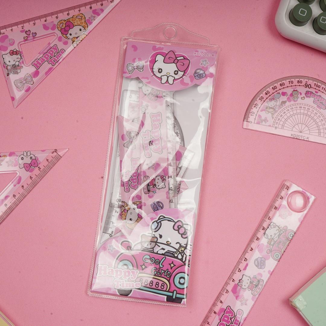 Hello Kitty Creative Student Stationery Set: Triangle Ruler, Straight Ruler, and Round Ruler. 20 cm