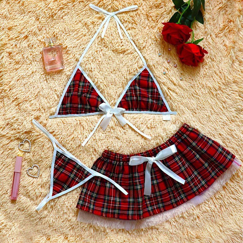 Women's Sexy Three-Point Plaid Student Uniform Underwear Suit