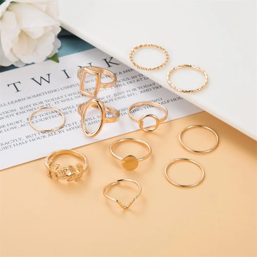 Neues Mode Kreatives Geometrisches Blatt Welle Hohl Ring Set 11 Stk. für Damen Herren Einfacher Knöchelring Charm Hochzeitsfeier Schmuck