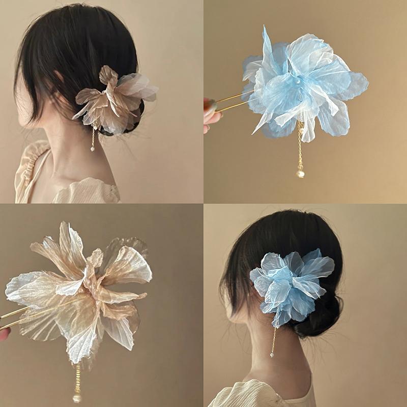 Korean Antique Chiffon Flower Pearl Tassel Hair Stick U-Shaped Hair Clip Temperament Chinese Style Hairpin For Women Headwear