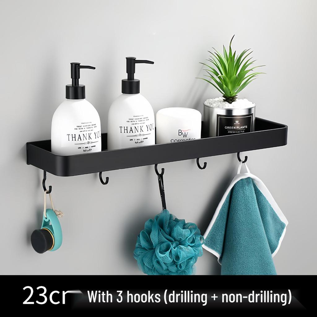 Black Space-Saving Aluminum Wall Shelf & Towel Rack - No Drilling Needed