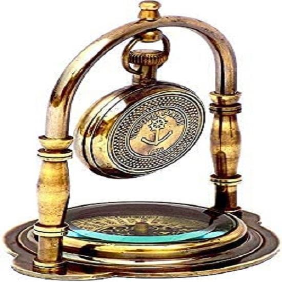 Brass Vintage Victoria London 1876 Table Clock and Compass Shelf Clock Victoria Stand Watch