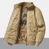 Men's Cotton Jacket Spring Autumn Solid Color Casual Loose Multi-pocket Outdoor Travel Stand Collar Top Men's Work Coat