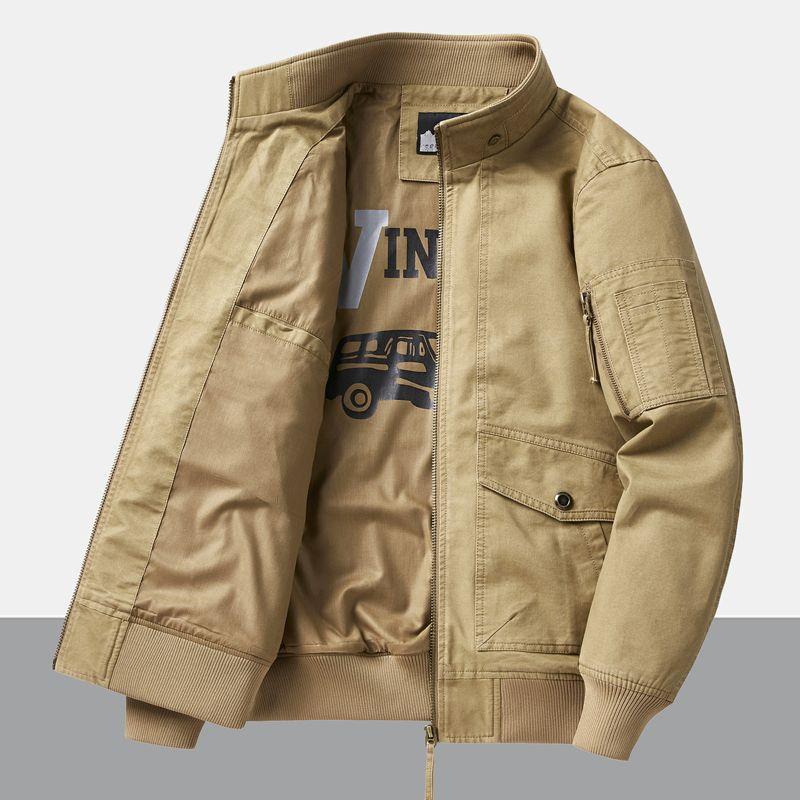 Men's Cotton Jacket Spring Autumn Solid Color Casual Loose Multi-pocket Outdoor Travel Stand Collar Top Men's Work Coat