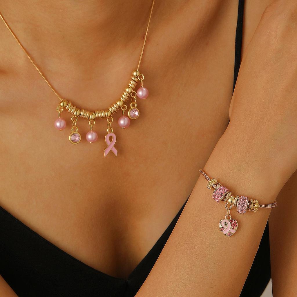 Kırmızı Kurdele Rozetli Meme Kanseri Farkındalık Kolyesi ve AIDS Önleme Bilekliği