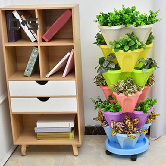 6 Tier Stackable Vertical Planter Stacking Tower Indoor Outdoor Gardening Planter with Movable Casters And Bottom Saucer for Strawberry Herb Flower