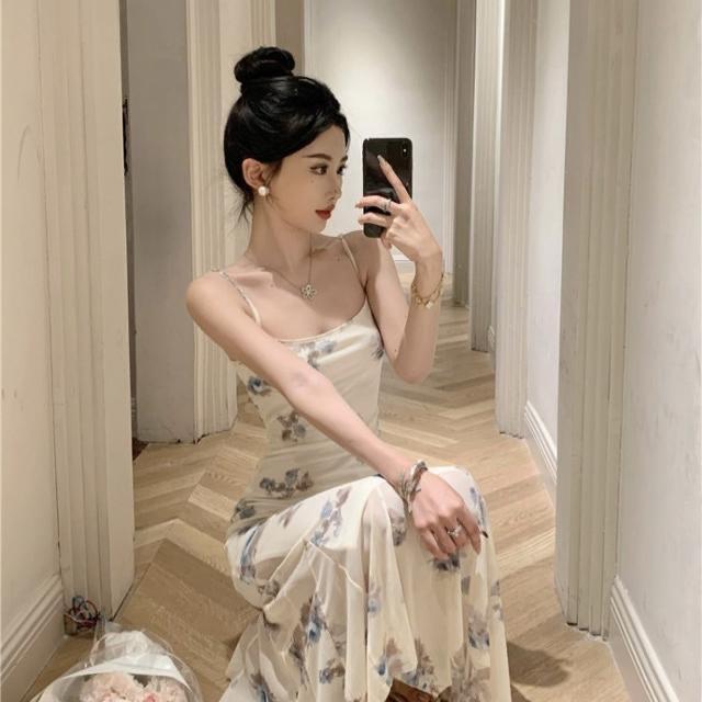 Sexy French Print Suspender Dress Women's Niche Design Chic Slim Mesh Fishtail Dress Beautiful Temperament