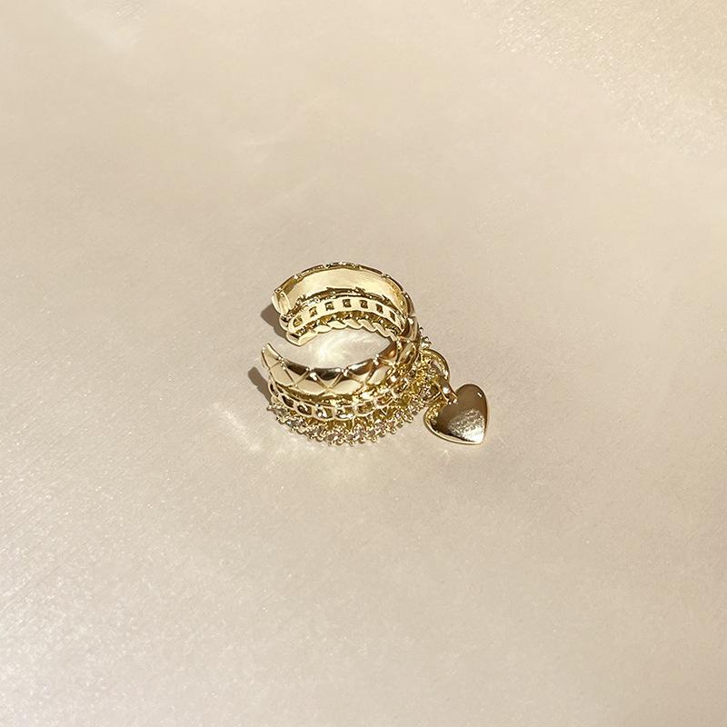 Geometric Zircon Inlaid Heart Ear Clips - Three-Layer Metal, Cold Style, High-End Earrings for Women