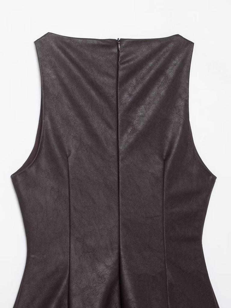 2025 Autumn/Winter Women's European & American Style Leather Effect Jumpsuit Puffy Dress