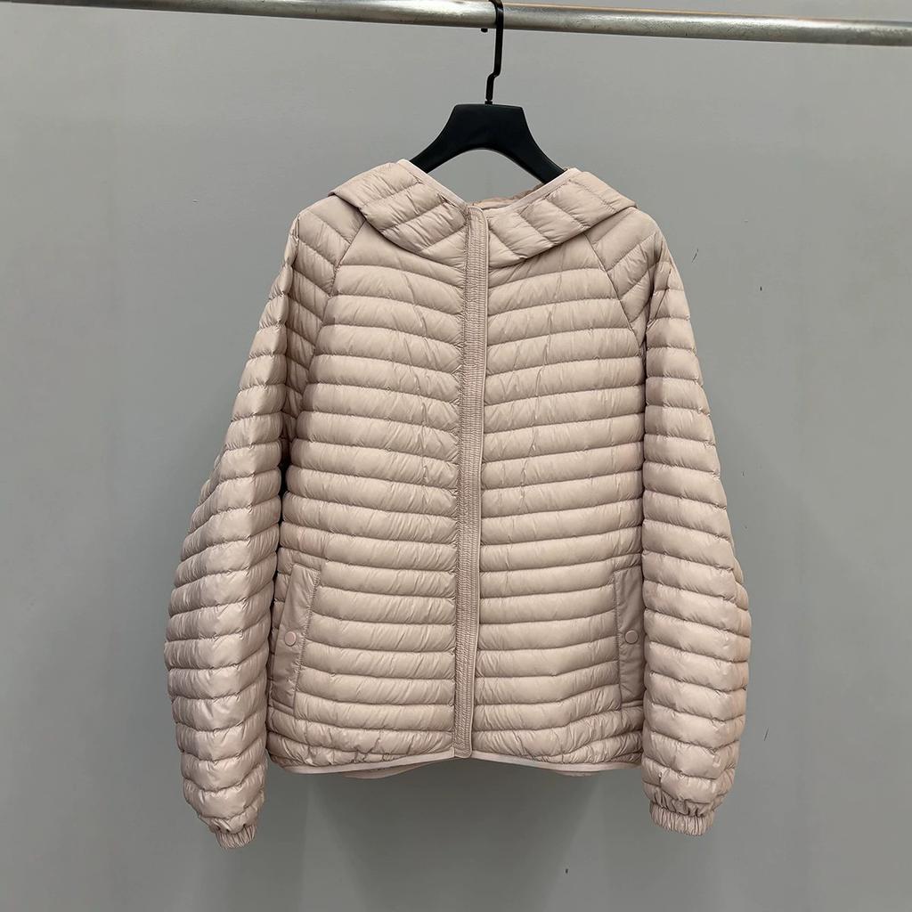 Autumn and Winter Fashion Loose Strip Quilting Line Ribs Strip Light White Duck Down Jacket Women's Hooded Style Tide