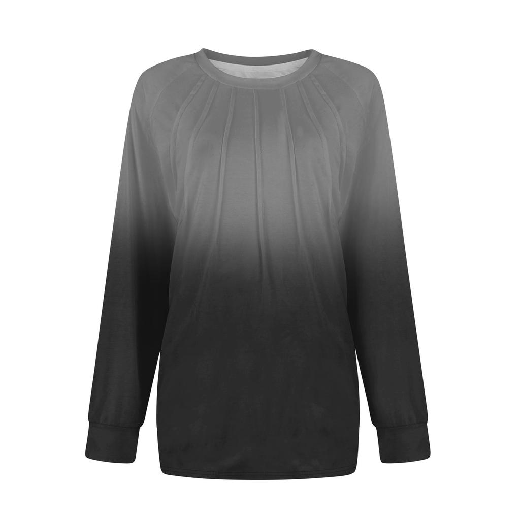 T-shirt tunique décontracté à manches longues pour femme, chemisier plissé, ample, basique, col rond, haut classique