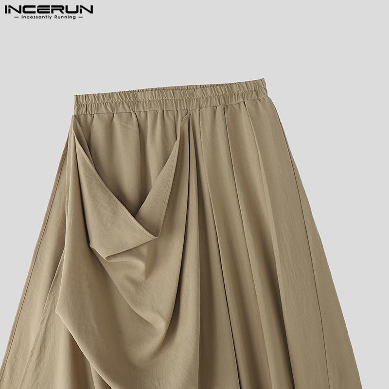 INCERUN Herre Elastisk Midje Uregelmessige Lag Casual Løse Lange Bukser Vide Ben Bukser