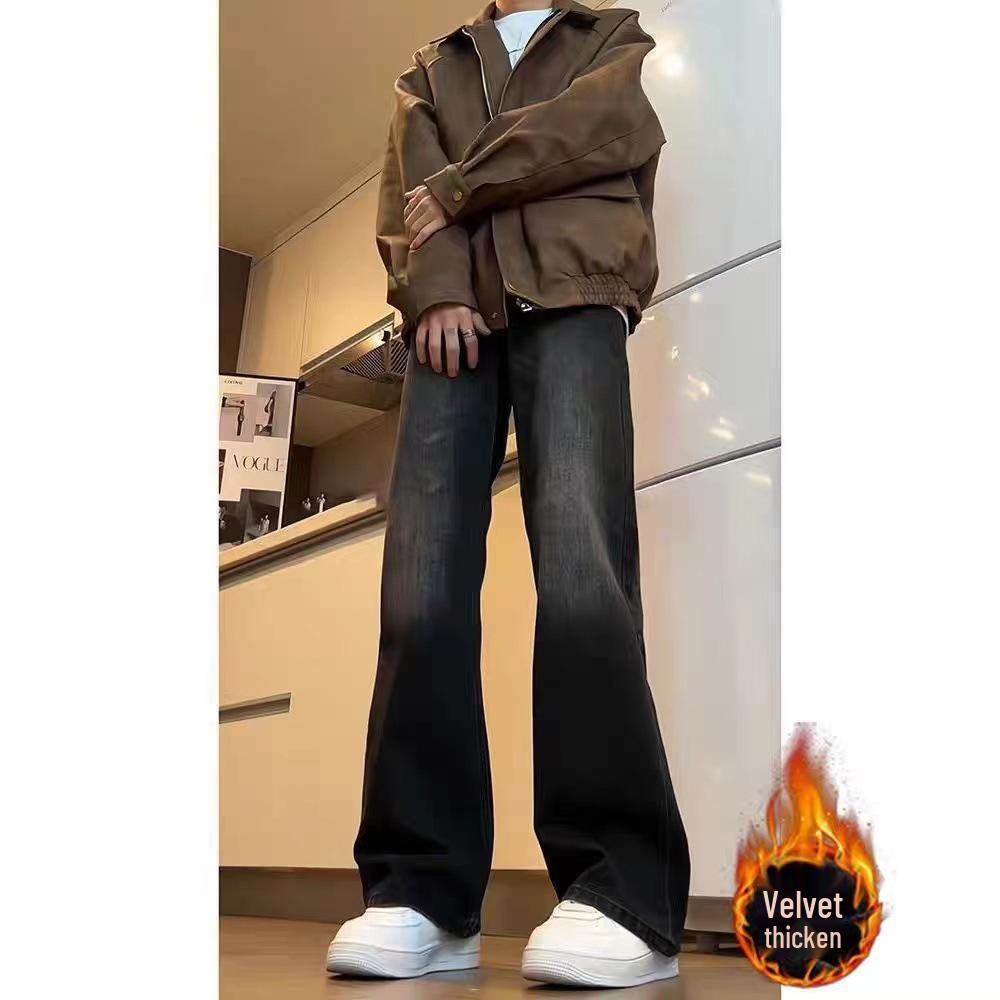 Men's Winter Fleece-Lined Washed Micro Flare Jeans - Thick, Straight Leg, Non-Clingy, Long Fit