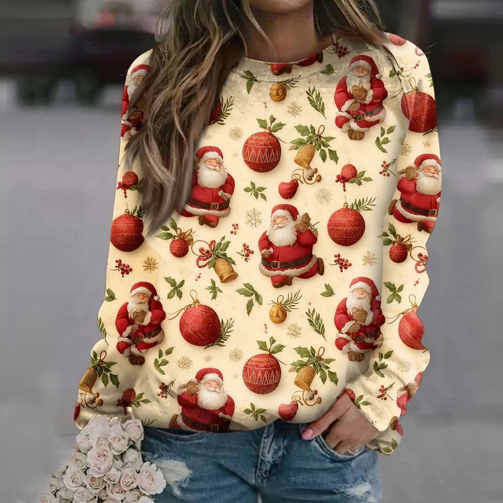 Women's Fashion Casual Long Sleeve Christmas Printed Neck Sweatshirt Top