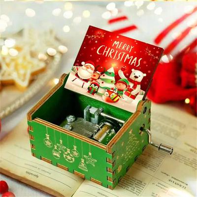 Caixa de Música de Manivela Única Feliz Natal Bonita Antiga Gravada em Madeira Caixas Musicais Presentes de Ano Novo para Filha Filho Amantes Amigos