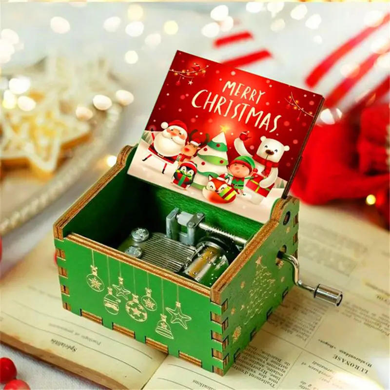 Wooden Hand Crank Music Box Anime Theme Halloween Merry Christmas Decoration Home Christmas Birthday Gift