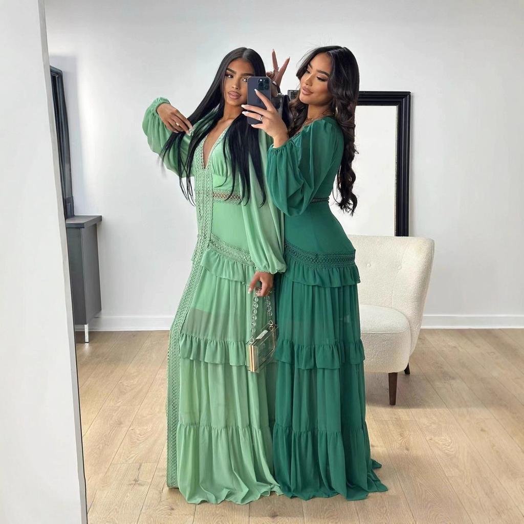 Women Green Long Sleeve Bodycon Midi Dress Solid Color Elegant Slim Fit Dress